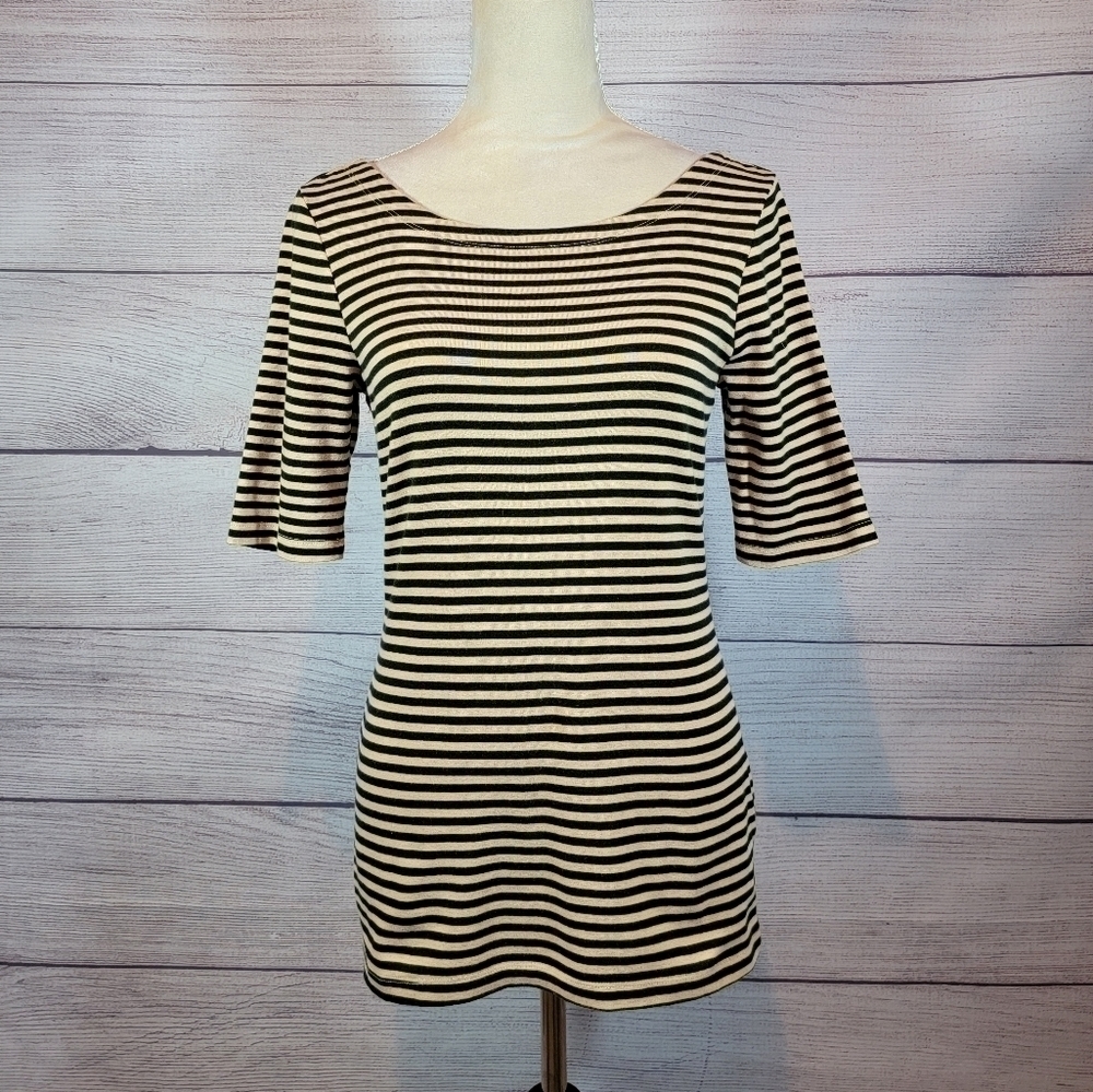 BANANA Republic Striped 1/2 Sleeve Top Tan and Black Size Medium